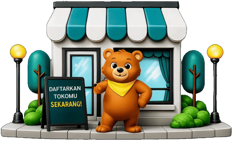 Ilustrasi merchant Gerbang Bayar dengan toko dan maskot